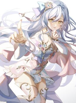 1girl allipaca ayase_444 breasts capelet cleavage commentary_request commission cropped_shirt earrings gold_trim hair_ornament highres index_finger_raised indie_virtual_youtuber jewelry long_hair long_sleeves medium_breasts navel pointing pointing_at_viewer shirt shorts simple_background single_earring skeb_commission solo tongue tongue_out virtual_youtuber white_background white_capelet white_hair white_shirt white_shorts white_sleeves yellow_eyes