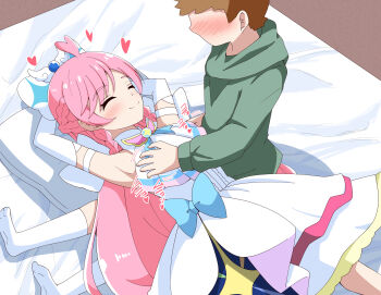 1boy 1girl ^_^ absurdres age_difference aikawa_ryou armpits arms_behind_head arms_up bed blush braid brown_hair closed_eyes closed_mouth commentary_request commission cure_prism dress elbow_gloves faceless faceless_male gloves green_hoodie highres hirogaru_sky!_precure hood hood_down hoodie long_hair lying massage motion_lines nijigaoka_mashiro no_shoes nose_blush on_back on_lap onee-shota pillow pink_hair pixiv_commission precure sitting sleeveless sleeveless_dress smile socks soles twin_braids very_long_hair white_dress white_gloves white_socks