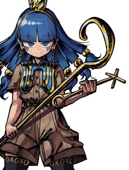 1girl absurdres black_thighhighs blue_eyes blue_hair brown_shirt brown_shorts commentary_request cowboy_shot earrings facial_mark gold_headband hair_ornament highres holding holding_scepter jewelry key_earrings legs_apart light_smile long_hair looking_at_viewer michigami_nareko piaki sanpaku scepter shirt shorts simple_background solo sphere_hair_ornament split_mouth standing thighhighs touhou triangle triangle_facial_mark usekh_collar white_background