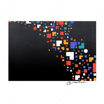 Rule 34 | abstract, black background, border, colorful, halftone, hashtag-only commentary, machigami yoh, no humans, original, shapes, twitter username, watermark, white border
