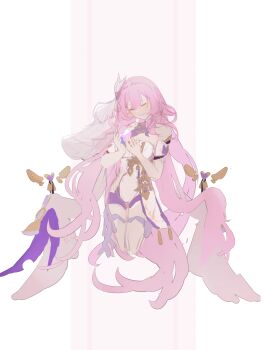 1girl bell black_shorts boots breasts chinese_commentary commentary_request corset elysia_(herrscher_of_human:_ego)_(honkai_impact) elysia_(honkai_impact) gloves highres honkai_(series) honkai_impact_3rd kneeling large_breasts lin_yu_jin long_hair pink_hair shorts simple_background smile solo thighs very_long_hair vest white_background white_boots white_corset white_gloves white_vest