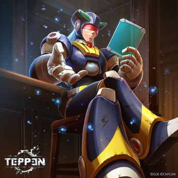 1boy android armor assault_visor black_armor black_helmet blue_hair capcom chair commentary_request copyright_name crossed_legs dynamo_(mega_man) full_body helmet holding indoors ishida_baru light_blue_hair long_hair looking_at_viewer male_focus mega_man_(series) mega_man_x_(series) official_art red-tinted_eyewear robot shoulder_armor sitting smile smirk solo sparkle teppen tinted_eyewear v-shaped_eyebrows