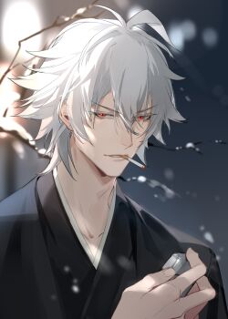 1boy absurdres antenna_hair aohitsugi_samatoki black_kimono blurry blurry_background branch chinese_commentary cigarette hair_between_eyes highres holding holding_lighter hypnosis_mic japanese_clothes kimono lighter looking_at_viewer male_focus maosanmu mouth_hold night outdoors parted_lips red_eyes short_hair smile smoke smoking snow snowing solo tree upper_body white_hair