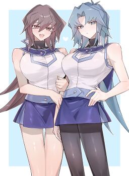 Rule 34 | 2girls, bare shoulders, black pantyhose, blue background, blue eyes, blue hair, blue skirt, border, breasts, brown eyes, brown hair, commentary request, genderswap, genderswap (mtf), highres, large breasts, marufuji ryo, multiple girls, pantyhose, rrr az00, simple background, skirt, tenjouin fubuki, vest, white border, white vest, yu-gi-oh!, yu-gi-oh! gx