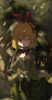 1girl ;p absurdres blonde_hair bow bow_hairband bowtie capelet forest green_eyes green_skirt hairband hand_on_own_chest highres long_sleeves looking_at_viewer medium_hair nature one_eye_closed outdoors petra_leyte re:zero_kara_hajimeru_isekai_seikatsu red_bow red_bowtie red_hairband ribbon risuuuu shirt short_hair skirt skirt_hold solo tongue tongue_out tree white_shirt