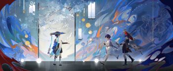 3boys apparition armor black_bridal_gauntlets black_footwear black_kimono black_leggings black_shorts black_sleeves blue_cape blue_hat blue_sleeves blunt_ends bridal_gauntlets cape clenched_hand feathers full_body furisode genshin_impact gold gold_trim gradient_sleeves hakama hakama_shorts hat highres holding_another's_wrist japanese_armor japanese_clothes jingasa kariginu kimono kote kurokote lantern layered_kimono layered_sleeves leg_warmers leggings looking_at_viewer looking_to_the_side multicolored_hair multiple_boys multiple_persona nahida_(genshin_impact) niwa_(genshin_impact) no_eyes offering_hand open_hand pelvic_curtain plant pleated_shorts pom_pom_(clothes) pulling purple_eyes purple_hair purple_kimono purple_sleeves raiden_shogun red_hat red_sash running sandals sash scaramouche's_sickly_friend_(genshin_impact) scaramouche_(genshin_impact) scaramouche_(kabukimono)_(genshin_impact) short_sleeves shorts sleeves_rolled_up standing stirrup_legwear streaked_hair string tassel toeless_legwear tree wanderer_(genshin_impact) white_kimono white_leg_warmers white_shorts white_sleeves white_trim wide_sleeves xinxi97251086 yellow_feathers zouri