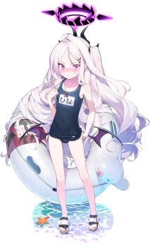 1girl adjusting_clothes adjusting_swimsuit big_hair black_horns black_sandals blue_archive blue_one-piece_swimsuit blush bow caustics character_name closed_mouth clothes_writing constricted_pupils covered_navel demon_girl demon_horns demon_wings doremi_(doremi4704) dripping duck_innertube embarrassed female_focus flat_chest forehead full_body game_asset hair_tie hairclip halo hand_up hina_(blue_archive) hina_(swimsuit)_(blue_archive) holding_strap horns innertube japanese_text large_variant_set legs long_hair looking_at_viewer low_wings nose_blush official_art one-piece_swimsuit one_side_up pale_skin parallel_hairclips parted_bangs pink_bow purple_eyes purple_halo purple_wings ringed_eyes sandals school_swimsuit shallow_water simple_background skinny solo sparkle standing starfish sweat swim_ring swimsuit tachi-e thighs third-party_source toes transparent_background v-shaped_eyebrows variant_set very_long_hair water wet whistle whistle_around_neck white_hair wide-eyed wings