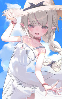1girl bare_shoulders black_bow blue_sky blush bow braid cloud collar commentary_request day dress encha fangs grey_hair hair_between_eyes hair_bow hat highres long_hair looking_at_viewer low_twin_braids makaino_ririmu makaino_ririmu_(3rd_costume) multicolored_hair nijisanji open_mouth outdoors pink_eyes pink_hair pointy_ears red_collar sky sleeveless sleeveless_dress solo streaked_hair sun_hat sundress sweat twin_braids very_long_hair virtual_youtuber white_dress