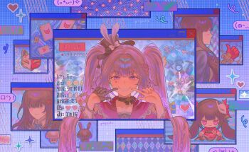 Rule 34 | 1girl, black choker, card, choker, commentary request, diamond (shape), diamond facial mark, dual persona, evil smile, facial mark, fox mask, heart, heart facial mark, highres, honkai: star rail, honkai (series), livestream, long hair, mask, playing card, smile, sparkle (honkai: star rail), sparxie (honkai: star rail), thai commentary, twintails, white hair, window (computing), ymge272