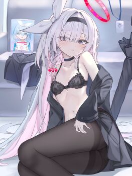 2girls absurdres arona_(blue_archive) ass bare_shoulders black_bra black_choker black_eyes black_hairband black_jacket black_pantyhose black_sailor_collar black_serafuku black_skirt black_umbrella blue_archive blue_hair blue_serafuku blush bra braid breasts choker collarbone colored_inner_hair couch dot_nose envelope eyes_visible_through_hair feet_out_of_frame hair_between_eyes hair_over_one_eye hair_over_shoulder hair_ribbon hairband half-closed_eyes halo hamu_(hvmzld123) hands_up highres holding holding_envelope id_card jacket loli long_hair long_sleeves looking_at_viewer medium_hair multicolored_hair multiple_girls navel no_shirt off_shoulder open_clothes open_jacket panties panties_under_pantyhose pantyhose parted_lips pink_hair pink_halo plana_(blue_archive) pleated_skirt red_halo red_pupils ribbon sailor_collar school_uniform serafuku shirt single_braid sitting skirt small_breasts sweatdrop tablet_pc thighband_pantyhose thighs two-tone_hair umbrella underwear unworn_shirt very_long_hair white_hair white_sailor_collar