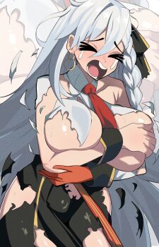 ahoge arms_across_body blush bow braid breasts closed_eyes commentary_request crying earrings fate/grand_order fate_(series) gloves hair_bow highres huge_breasts jewelry long_hair necktie olga_marie_animusphere olga_marie_animusphere_(unbeast) open_mouth puti_tomato19 red_gloves shiny_skin streaming_tears tears torn_clothes very_long_hair white_hair