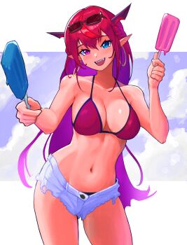 1girl :d absurdres bikini blue_eyes breasts commentary cowboy_shot demon_horns earrings english_commentary eyewear_on_head food heterochromia highres holding holding_food holding_popsicle hololive hololive_english hoop_earrings horns incoming_gift irys_(hololive) irys_(holonatsu_paradise)_(hololive) jewelry large_breasts long_hair navel open_mouth pink_eyes pointy_ears popsicle red_hair short_shorts shorts sky smile solo sunglasses swimsuit thighs virtual_youtuber yodokogon