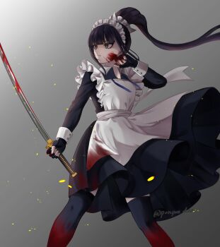 1girl absurdres alternate_costume amanami_(v) apron black_dress black_gloves black_hair black_thighhighs blood blood_on_clothes blood_on_face blood_on_hands bloody_weapon collared_dress commentary_request cowboy_shot dress enmaided fingerless_gloves frilled_apron frills gloves grey_background grey_eyes highres holding holding_sword holding_weapon katana long_hair looking_ahead magadori_kyoshika maid maid_apron maid_headdress ponytail ponytail_holder sleeve_cuffs solo sword the_hundred_line_-last_defense_academy- thighhighs twitter_username very_long_hair weapon wind