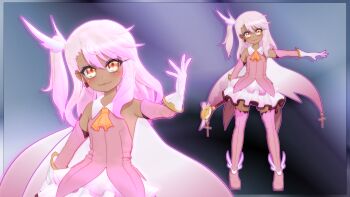 &gt;:) 1girl 3d ascot bare_shoulders boots cape chloe_von_einzbern commentary_request cosplay cross dark-skinned_female dark_skin earrings elbow_gloves fate/kaleid_liner_prisma_illya fate_(series) feather_hair_ornament feathers gloves gs-mantis hair_between_eyes hair_ornament highres holding holding_wand illyasviel_von_einzbern jewelry kaleidostick long_hair looking_at_viewer magical_girl magical_ruby multiple_views outstretched_arm pink_boots pink_hair prisma_illya prisma_illya_(cosplay) side_ponytail smirk thigh_boots thighhighs v-shaped_eyebrows wand yellow_eyes zettai_ryouiki