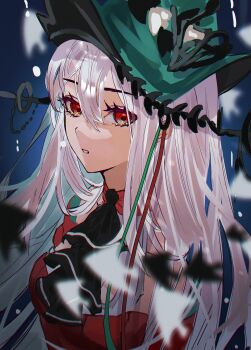 Rule 34 | 1girl, absurdres, aqua headwear, arknights, ascot, black ascot, commentary request, dress, hair between eyes, highres, long hair, looking at viewer, parted lips, partial commentary, rayla (rayla illust), red dress, red eyes, skadi (arknights), skadi the corrupting heart (arknights), solo, upper body, very long hair, white hair