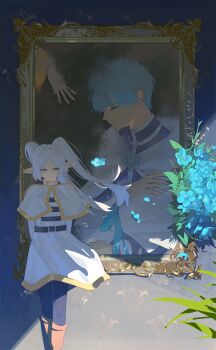 1boy 1girl arms_behind_back black_pantyhose blue_hair blue_shirt boots brown_boots capelet chinese_commentary cloak closed_eyes closed_mouth commentary_request double-parted_bangs dress earrings elf frieren green_eyes highres himmel_(sousou_no_frieren) jewelry light_smile long_hair mikann_(clm_mikan) pantyhose pointy_ears shirt short_hair sousou_no_frieren thick_eyebrows twintails white_capelet white_cloak white_dress white_hair