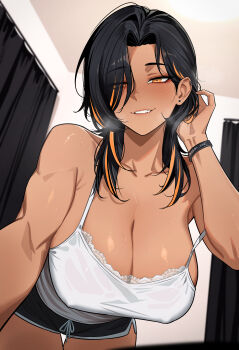 1girl absurdres adjusting_hair artist_name bare_arms bare_shoulders biting_own_lip black_hair black_shorts blush breasts breath camisole cleavage collarbone covered_erect_nipples curtained_hair curtains dark-skinned_female dark_skin dolphin_shorts ear_piercing earclip earrings hair_over_one_eye hand_in_own_hair hand_up hanging_breasts highres hotaru_(nokaa_aru) indoors jewelry large_breasts leaning_forward looking_at_viewer medium_hair mole mole_under_eye multicolored_hair nokaa_aru orange_eyes orange_hair orange_streaks original parted_bangs piercing short_shorts shorts smile solo strap_slip streaked_hair stud_earrings sweat thigh_gap thighs twitter_username white_camisole wolf_cut wrist_straps