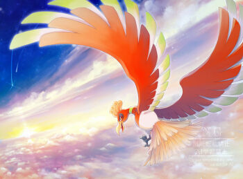 above_clouds beak bird brown_feathers cloud feathers from_behind full_body gen_2_pokemon highres ho-oh legendary_pokemon looking_at_viewer looking_back midair misubaru_rin nintendo pokemon pokemon_(creature) red_eyes solo sunset talons watermark