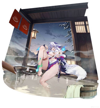 1girl absurdres animal_ears bare_legs barefoot bath bottle breasts cleavage fox_tail full_body highres incredibly_absurdres japanese_clothes kikimi lantern large_breasts long_hair original sake_bottle sitting tail thighs white_hair