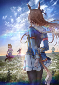 4girls absurdres advarcher animal_ears armband arms_behind_back black_pantyhose blue_hair blue_jacket blue_sky bow braid breasts brown_hair cloud dress ear_bow ear_ornament ear_ribbon el_condor_pasa_(el_numero_1)_(umamusume) el_condor_pasa_(umamusume) field flower flower_field from_behind golden_generation_(umamusume) grass grass_wonder_(stone-piercing_blue)_(umamusume) grass_wonder_(umamusume) hair_ornament highres horse_ears horse_girl horse_tail jacket long_hair long_sleeves multicolored_hair multiple_girls open_clothes open_jacket outdoors pantyhose ponytail red_jacket sailor_collar seiun_sky_(reeling_in_the_big_one)_(umamusume) seiun_sky_(umamusume) shirt short_hair short_sleeves skirt sky special_week_(special_dreamer)_(umamusume) special_week_(umamusume) sunrise tail tail_bow tail_ornament two-tone_hair umamusume white_hair
