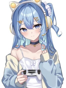 1girl animal_ear_headphones animal_ears blue_choker blue_eyes blue_hair blue_jacket blue_nails cat cat_ear_headphones cat_ears choker closed_mouth commentary controller double-parted_bangs fake_animal_ears flat_chest game_controller hair_between_eyes headphones highres holding holding_controller holding_game_controller hololive hoshimachi_suisei jacket kohaku_(csacu) long_hair looking_at_viewer nail_polish off_shoulder one_side_up pendant_choker sidelocks simple_background smile solo star_(symbol) star_in_eye star_pendant symbol-only_commentary symbol_in_eye upper_body virtual_youtuber white_background white_cat