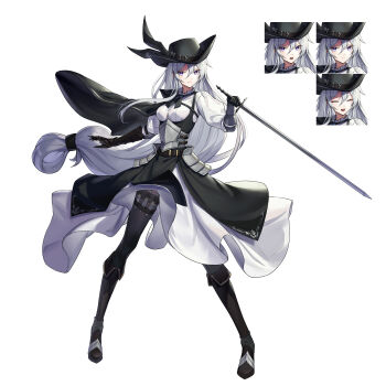 1girl absurdres armor black_boots black_cape black_dress black_hat black_pantyhose boots borrowed_character breasts cape dress faulds framed_breasts full_body gauntlets grey_hair hat highres holding holding_sword holding_weapon juliet_sleeves layered_dress long_hair long_sleeves looking_at_viewer low-tied_long_hair medium_breasts multiple_expressions mytea_(soso) original pantyhose puffy_sleeves purple_eyes shirt side_cape simple_background solo standing sword very_long_hair weapon white_background white_dress white_shirt