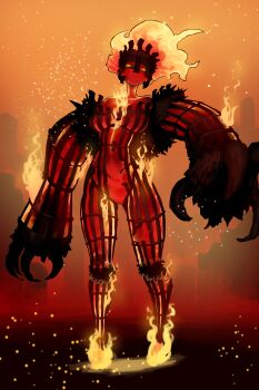 1girl absurdres breasts burning character_request claws colored_skin commission ekrea_jan elden_ring elden_ring:_shadow_of_the_erdtree embers fiery_hair full_body highres large_breasts looking_at_viewer monster_girl orange_background orange_eyes orange_hair outdoors oversized_forearms oversized_limbs red_skin skeb_commission solo standing