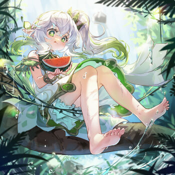 1girl barefoot bloomers bracelet cape cat_princess cross-shaped_pupils detached_sleeves dress feet food fruit genshin_impact gradient_hair green_cape green_eyes green_hair hair_ornament highres in_tree jewelry leaf_hair_ornament long_hair multicolored_hair nahida_(genshin_impact) pointy_ears side_ponytail sitting sitting_in_tree solo symbol-shaped_pupils tree underwear water watermelon white_bloomers white_dress white_hair