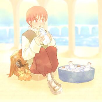 Rule 34 | 1boy, bottle, brown bag, brown pants, brown vest, commentary request, dated commentary, full body, long sleeves, looking afar, lowres, male focus, merchant (ragnarok online), milk bottle, oomojiya, open mouth, pants, pink eyes, pink hair, ragnarok online, shirt, shoes, short hair, sitting, solo, vest, white shirt, white shoes