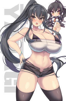 1girl :> :d akikaze_tsumuji bare_arms bikini black_bikini black_hair black_jacket black_shorts black_thighhighs blue_sailor_collar blush bracelet breasts brown_eyes can character_name chibi closed_mouth collarbone commentary_request curvy drink_can highres holding holding_can jacket jewelry kantai_collection long_hair looking_at_viewer navel open_mouth sailor_collar see-through_clothes see-through_shirt shirt short_shorts shorts sidelocks simple_background smile standing strap_slip swimsuit thighhighs thighs v-shaped_eyebrows white_background white_shirt yahagi_(kancolle)