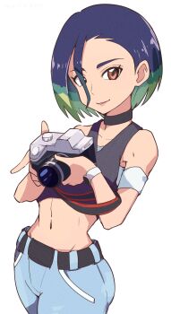 1girl ass bare_shoulders black_choker blue_hair bluearcadegames bob_cut brown_eyes camera choker collarbone commentary_request crop_top denim gradient_hair grey_shirt highres holding holding_camera jeans loose_hair_strand midriff multicolored_hair nintendo off-shoulder_shirt off_shoulder pants perrin_(pokemon) pokemon pokemon_sv ribbed_shirt shirt short_hair sleeveless sleeveless_shirt undershirt v-neck watch wristwatch