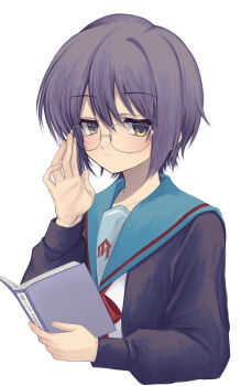 1girl 2000s_(style) adjusting_eyewear black_cardigan blue_sailor_collar book cardigan closed_mouth commentary_request expressionless faux_retro_artstyle glasses hair_between_eyes highres holding holding_book kita_high_school_uniform long_sleeves looking_at_viewer nagato_yuki nemu_(zutto_oyasu3) open_book open_cardigan open_clothes puffy_long_sleeves puffy_sleeves purple_hair sailor_collar school_uniform short_hair simple_background solo straight_hair suzumiya_haruhi_no_yuuutsu upper_body white_background winter_uniform yellow_eyes