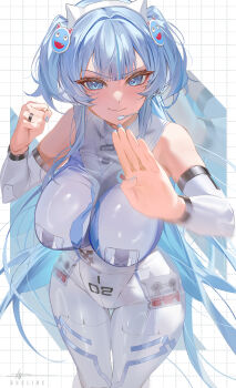 1girl blue_eyes blue_hair blue_nails blunt_bangs bodysuit breasts clenched_hand closed_mouth detached_sleeves goddess_of_victory:_nikke grid_background headset highres jewelry large_breasts long_hair long_sidelocks looking_at_viewer mekami_shifty_(nikke) ring shalink shifty_(nikke) sidelocks signature solo standing thigh_gap two_side_up very_long_hair white_bodysuit