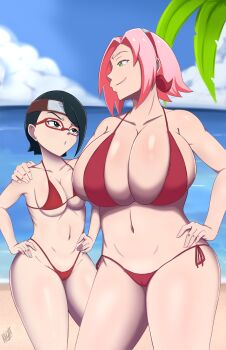 2girls alternate_breast_size_(larger) artist_name beach bikini black_eyes black_hair blue_sky boruto:_naruto_next_generations breast_envy breasts brown_headband cameltoe collarbone day eye_contact feet_out_of_frame female_focus gigantic_breasts glasses grin hand_on_another's_shoulder hand_on_own_hip hands_on_own_hips haruno_sakura headband looking_at_another looking_down looking_to_the_side looking_up matching_hair/eyes mature_female medium_hair meme mom_and_her_daughter_(meme) mother_and_daughter multiple_girls naruto_(series) navel nightmare_hdraw ocean outdoors petite pink_hair profile red-framed_eyewear red_bikini sand side-tie_bikini_bottom size_difference sky small_breasts smile smug standing swimsuit teeth turning_head uchiha_sarada variant_set water wide_hips