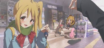 4girls ahoge blonde_hair blue_shirt blue_skirt bocchi_the_rock! bow brown_footwear brown_scarf brown_shirt charm_(object) chibi gashapon gotoh_hitori green_scarf guitar guitar_case hand_under_clothes highres ijichi_nijika instrument instrument_case jacket kita_ikuyo loafers looking_at_viewer multiple_girls orange_eyes pink_jacket red_bow scarf school_uniform shirt shoes side_ponytail sidelocks sitting skirt socks squatting storefront white_shirt white_socks wispy_bangs yamada_ryo yo_na