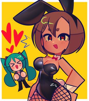 &gt;_&lt; 2girls animal_ears aqua_hair black_hairband black_pants black_shoes blush blush_stickers border bowtie breasts brown_hair cleavage fake_animal_ears fake_tail fishnets formal_clothes grey_suit hairband hand_on_own_hip hatsune_miku heart heart-shaped_pupils large_breasts leotard long_hair looking_at_viewer meiko_(vocaloid) multiple_girls open_mouth pants playboy_bunny rabbit_ears rabbit_tail rainelyn00 red_bow red_bowtie shoes short_hair simple_background smile strapless strapless_leotard suit symbol-shaped_pupils tail tan thick_eyebrows twintails vocaloid white_border yellow_background