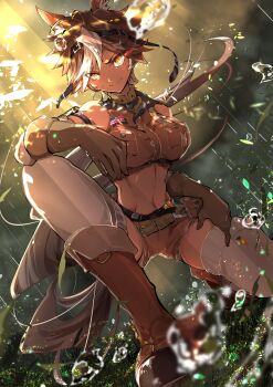 absurdres american_flag animal_ears belt belt_pouch black_belt boots breast_pocket brown_boots brown_eyes brown_gloves brown_hair closed_mouth commentary commission english_commentary gloves highres horse_ears horse_girl horse_tail indie_virtual_youtuber multicolored_hair navel pocket pouch ruokka034 second-party_source short_hair skeb_commission star_(symbol) stomach tail thighhighs tomoe_umari tomoe_umari_(umari_3.0) two-tone_hair virtual_youtuber white_hair white_thighhighs