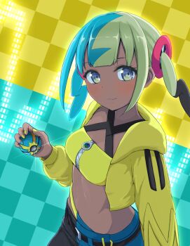 1girl bandeau belt black_belt blue_eyes blush canari_(pokemon) closed_mouth commentary eyelashes glint holding holding_poke_ball hood hood_down hooded_jacket izuna_(jsvv4844) jacket looking_at_viewer multicolored_hair multicolored_nails nail_polish nintendo open_clothes open_jacket pants poke_ball pokemon pokemon_legends:_z-a quick_ball smile solo yellow_bandeau yellow_jacket zipper zipper_pull_tab
