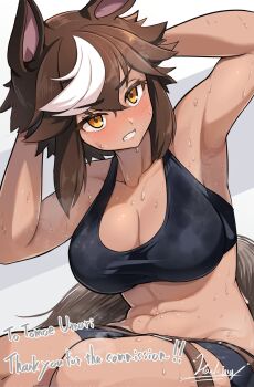 1girl abs animal_ears armpits arms_behind_head bike_shorts black_shirt black_shorts blush breasts brown_eyes brown_hair cleavage clenched_teeth collarbone commentary commission crop_top english_commentary exercising hawe_king highres horse_ears horse_girl horse_tail indie_virtual_youtuber large_breasts long_hair multicolored_hair shirt shorts sidelocks simple_background sit-up skeb_commission sleeveless solo sweat tail teeth tomoe_umari tomoe_umari_(1st_costume) toned toned_female virtual_youtuber white_background white_hair
