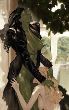 2girls black_coat black_hair blonde_hair breasts cbb_(tuucoo) closed_eyes coat colored_skin cunnilingus day elphaba_thropp female_pubic_hair good_witch_of_the_north green_skin hand_on_another&#039;s_hip hands_on_another&#039;s_head highres large_breasts long_hair long_sleeves multiple_girls naked_coat nipples open_clothes open_coat open_mouth oral outdoors pubic_hair pussy_juice torogao twitter_username wavy_hair wicked yuri