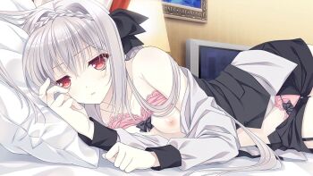 1girl bed_sheet black_bow black_shorts black_vest bow bra bra_lift braid breasts clothes_lift collarbone crown_braid game_cg garter_straps grey_hair hair_between_eyes indoors long_hair long_sleeves lying nipples nishimata_aoi on_side open_clothes open_shirt open_shorts open_vest panties parted_lips pillow pink_bra pink_panties red_eyes sakurakouji_luna shirt short_shorts shorts small_breasts solo strapless strapless_bra suzuhira_hiro tsuki_ni_yorisou_otome_no_sahou underwear very_long_hair vest white_shirt