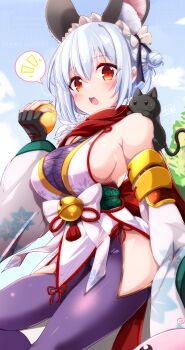 1girl animal_ear_fluff animal_ears black_cat black_gloves blue_sky blush bow breasts cat clothing_cutout cloud commentary_request cowboy_shot detached_sleeves double_bun fingerless_gloves fishnet_top fishnets gloves green_sash grey_hair hair_bun highres hip_vent large_breasts looking_at_viewer nanaume_(shichimi_tougarashi) open_mouth orange_eyes pantyhose purple_pantyhose rabbit_ears rabbit_girl ragnarok_online red_scarf sash scarf shiranui_(ragnarok_online) short_hair sideboob sky sleeveless_tunic solo tunic waist_bow white_bow white_sleeves white_tunic