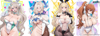 4girls animal_ears bare_shoulders blonde_hair blue_eyes blush breasts brown_dust_(series) brown_dust_2 brown_hair cleavage closed_mouth collarbone commentary_request covered_navel cowboy_shot darian_silverstein detached_collar detached_sleeves eleaneer_(brown_dust_2) fake_animal_ears finger_heart four-finger_heart_hands gloves grin hair_between_eyes hair_ornament heart heart-shaped_boob_challenge heart_hands heart_pasties highleg highleg_leotard highres large_breasts leotard long_hair looking_at_viewer multiple_girls navel nontraditional_playboy_bunny o-ring official_art open_mouth pantyhose pasties playboy_bunny ponytail purple_eyes rabbit_ears revealing_clothes see-through_clothes see-through_leotard sidelocks skindentation smile snowflakes sparkle standing star_(symbol) strapless strapless_leotard teddypocky teeth twintails two_side_up tyr_(brown_dust) white_hair white_leotard wrist_cuffs zenith_(brown_dust)