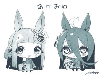 2girls :> a4_(a4_eishi) absurdres ahoge animal_ears blush breasts carrying chibi chrono_genesis_(umamusume) commentary_request hair_between_eyes hair_ornament highres horse_girl looking_at_viewer manhattan_cafe_(umamusume) monochrome multiple_girls open_mouth school_uniform tracen_school_uniform translation_request umamusume white_background