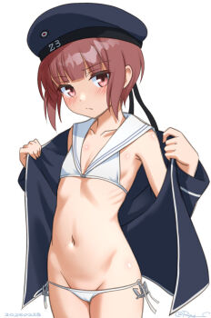 1girl :/ bikini blue_hat blue_shirt blush closed_mouth commentary_request cowboy_shot dated dated_commentary flat_chest groin hat kantai_collection looking_at_viewer navel open_clothes open_shirt pink_eyes ray.s red_hair ribs sailor_bikini sailor_collar sailor_hat shirt short_hair side-tie_bikini_bottom simple_background solo swimsuit undressing white_background white_bikini white_sailor_collar z3_max_schultz_(kancolle) z3_max_schultz_(swimsuit)_(kancolle)