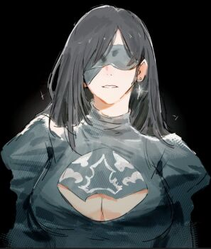 1girl 2b_(nier:automata) 2b_(nier:automata)_(cosplay) black_background black_dress black_hair blindfold breasts cleavage cleavage_cutout clothing_cutout cosplay dianguc dress earrings facing_viewer final_fantasy final_fantasy_vii final_fantasy_vii:_ever_crisis glint jewelry juliet_sleeves large_breasts long_hair long_sleeves nier:automata nier_(series) official_alternate_costume parted_lips puffy_sleeves single_earring solo tifa_lockhart turtleneck turtleneck_dress upper_body