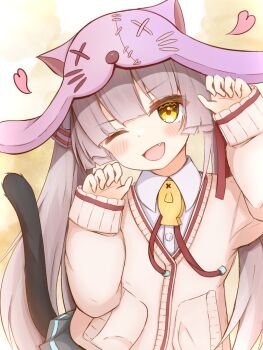 Rule 34 | 1girl, ;d, alternate costume, animal ear headwear, animal ears, black skirt, blunt bangs, blunt ends, blush, brown hair, cardigan, cat ears, cat tail, collared shirt, commentary, cowboy shot, fake animal ears, fang, fish ornament, frapan pan, hands up, hat, heart, heaven burns red, hime cut, long hair, looking at viewer, miniskirt, neck ribbon, ogasawara hisame, one eye closed, open mouth, paw pose, pink hat, pleated skirt, red pupils, red ribbon, ribbon, school uniform, shirt, sidelocks, simple background, skirt, sleeves past wrists, smile, solo, straight hair, tail, tail raised, twintails, very long hair, white shirt, yellow cardigan, yellow eyes