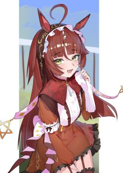 1girl absurdres ahoge animal_ears blunt_bangs blurry blurry_background blush breasts commentary_request eoseoosio hair_between_eyes hair_ornament highres horse_girl jewelry looking_at_viewer necklace red_desire_(umamusume) red_hair ribbon small_breasts thighhighs towel umamusume yellow_eyes