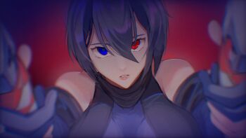 1girl black_hair blue_eyes breasts heterochromia large_breasts looking_at_viewer pov red_eyes samurai_spirits shiki_(samurai_spirits) snk solo