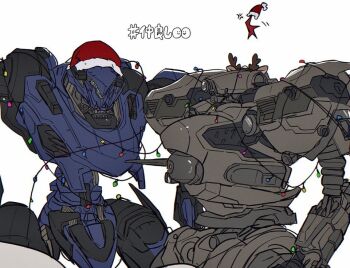 antlers armored_core armored_core_vi:_fires_of_rubicon christmas_lights cowboy_shot hat horns loader_4 mecha mecha_focus mznomono no_humans one-eyed red_headwear reindeer_antlers robot santa_hat science_fiction simple_background standing steel_haze translated white_background